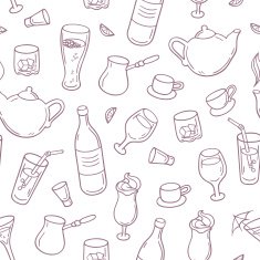 Seamless pattern with outline style drinks in vector Beverages background