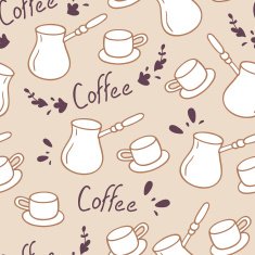 Doodle coffee seamless pattern with lettering Hand drawn backgrond