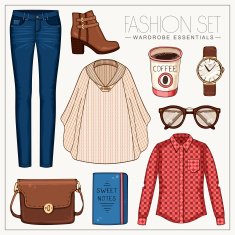 Fashion woman'ÂÂs outfit with plaid shirt jeans cape and boots
