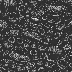 Vector fast food doodle seamless pattern in black and white