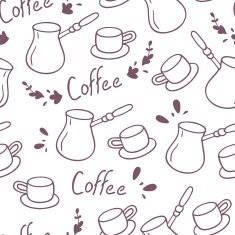 Doodle coffee seamless pattern with lettering Hand drawn background