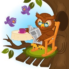 owl drinking tea and reading a newspaper