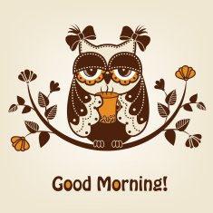Brown owl with a mug of tea on branch
