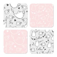 Square table coasters set with doodle tea and coffee background