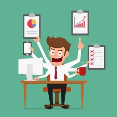 Businessman multitasking works with more arms Management and multitasking N2