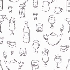Seamless pattern Outline style drinks Background with beverages in black