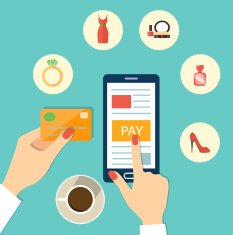 women mobile online shopping Flat vector illustration