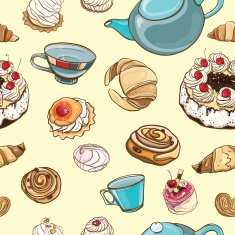 seamless pattern with baking pastries cakes tea