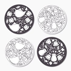 Round stickers set with doodle tea and coffee patterns Hand