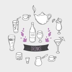 Set of hand drawn stylized drinks in vector Background with