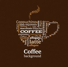 Cup of coffee with word cloud on fabric background