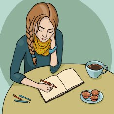 Girl drawing and drinking coffee with cupcakes