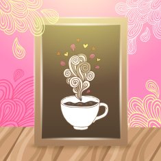 Wood frame on the desk with coffee illustration