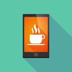 Long shadow phone icon with a coffee cup