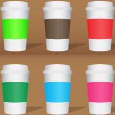 Set of colored mugs with shadow on brown background