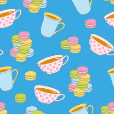 Colorful macaroon cookies and teacup seamless pattern