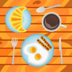 Fried eggs sausages croissant and cup of coffee Top view