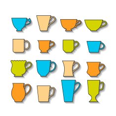 Set of mugs color silhouettes dishes