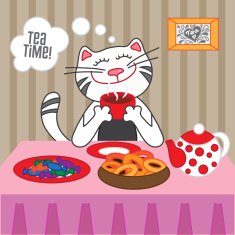 Cat drinking hot tea with sweets and dryers