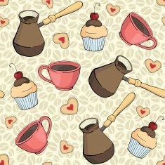 seamless vector pattern with cups cookies cupcakes and cezve