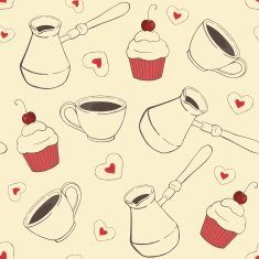seamless vector pattern with cups cookies cupcakes and cezve N2