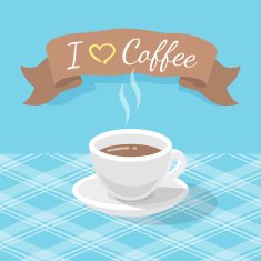 White Coffee Cup with Ribbon and Inscription on Blue