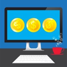 Money Dollars online from desktop computer on table