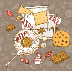 Banner with cup chocolate cake and sweets