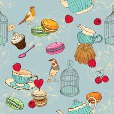 Seamless pattern with tea cage coffee pot cup jelly cherry