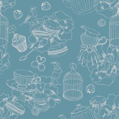 Seamless pattern with tea cage coffee pot cup jelly cherry N2
