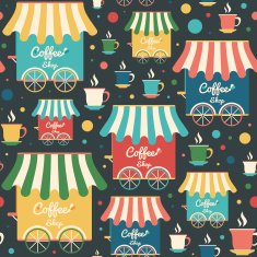Colorful seamless pattern with coffee shops and cups
