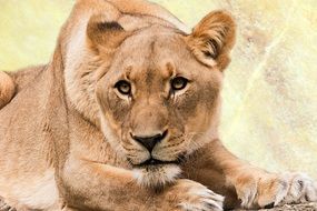 lioness near the stone close up