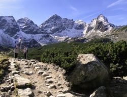 stones on hiking trail at scenic mountains, polish tatras, gasienicowa valley