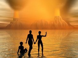 black silhouettes of people in a surreal landscape on the background of a volcano
