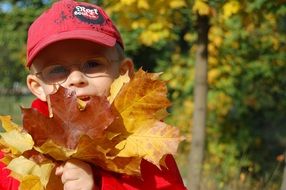 child boy with autumn foliage in park