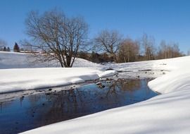 stream in the snow on a sunny day