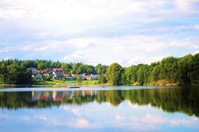houses on the shore of a calm blue lake