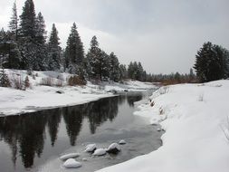 river among banks in the snow