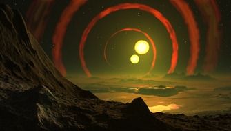 double sun and spiral circles over the mountains