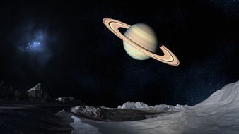 Yellow Saturn in black space above the landscape