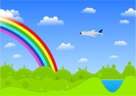 child's drawing of an airplane in the sky and rainbow