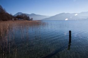 lake among the mountains on a sunny clear day