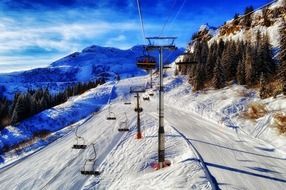 Panoramic view of a ski resort in the mountains of France on a sunny day