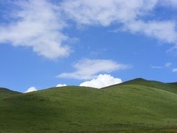 landscape of cloudly sky over the green grass hill