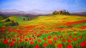 Acrylic painting of poppies on the field