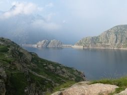 landscape of lake reservoir and mountains