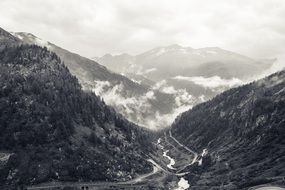 valley mountains landscape black and white recording