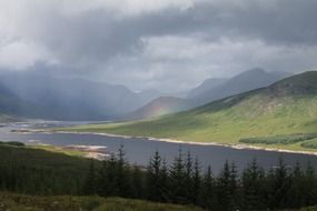 thunderclouds over a lake in scotland