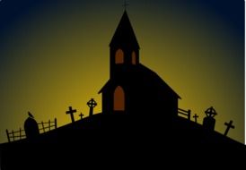 drawing of a church in a cemetery at night