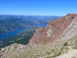 Lake at the foot of the alpine mountains